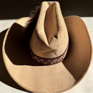 Vintage Tan Corduroy Cowboy Hat with Feather Accent